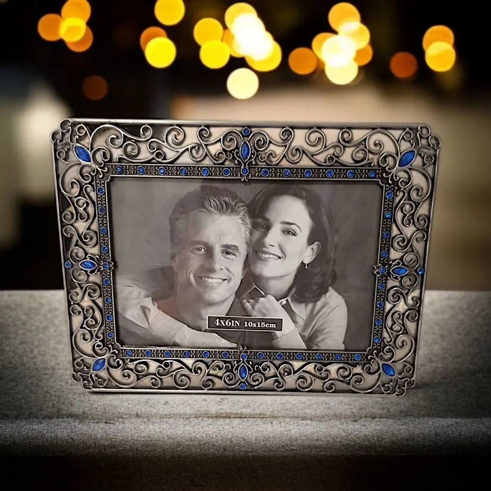 Picture Frame Ornate Metal Jewels Rhinestone Photo 4x6 Silver Tone Fairy Cottage